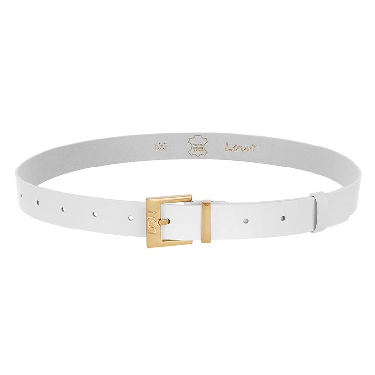 Cintura Charo - Elegante cintura in pelle bianca con fibbia dorata e logo Lou