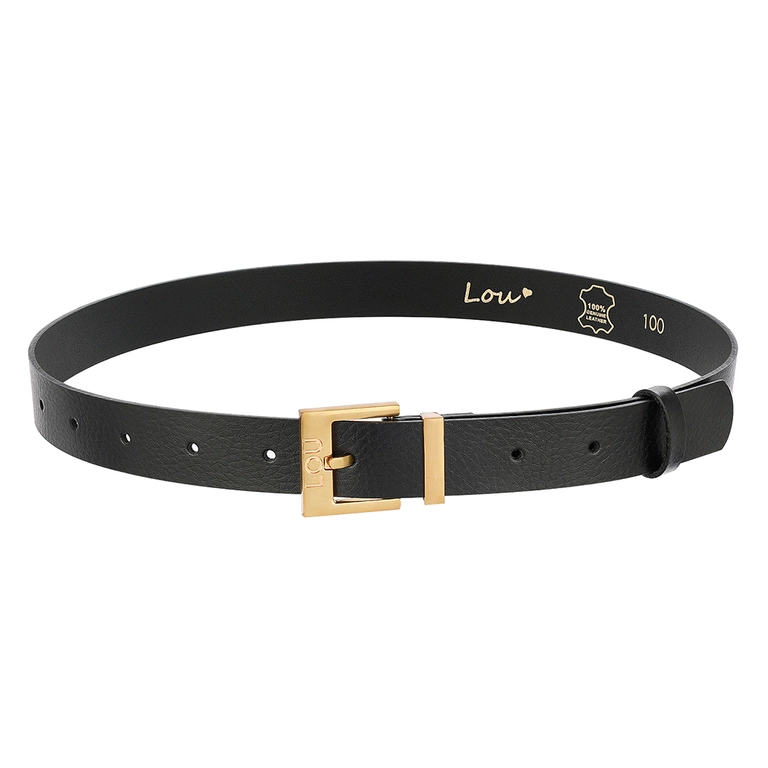 Cintura Charo - Cintura in pelle nera con lussuosa fibbia dorata e logo Lou inciso