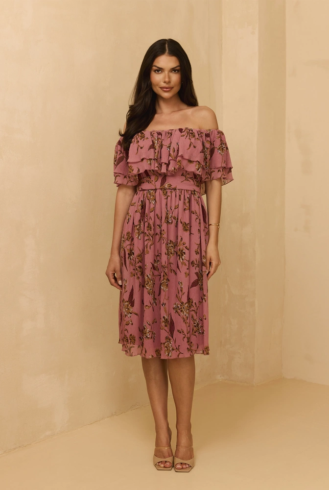 Lavinia - Abito midi rosa sporco con stampe floreali