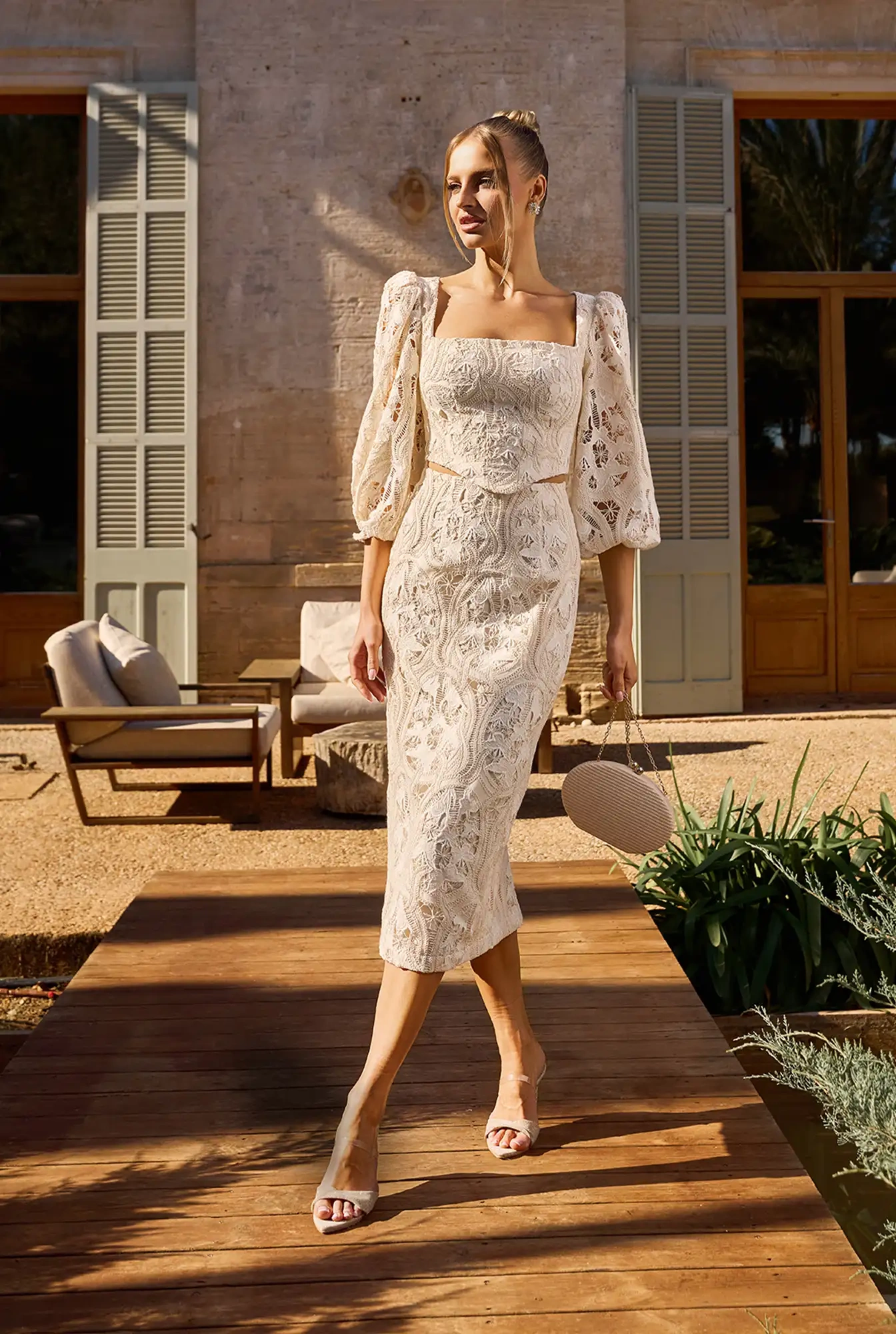 Manola - Abito midi in cotone traforato color crema