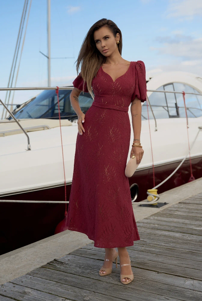 Hover – abito midi bordeaux con cintura
