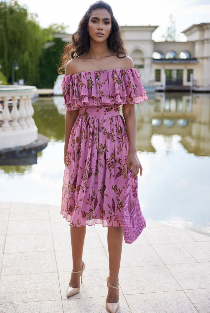 Lavinia - Abito midi rosa sporco con stampe floreali