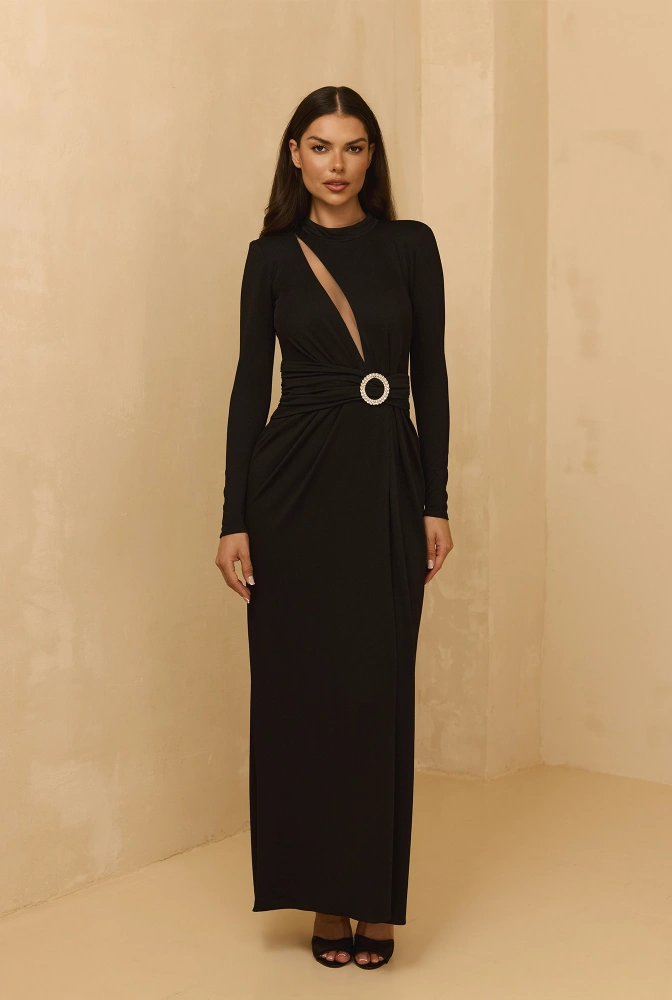 Ariana - Maxi abito nero con fibbia impreziosita, spalline e zirconi