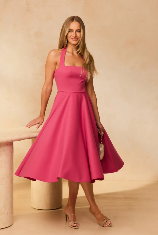 Albena – midi abito rosa con allacciatura al collo